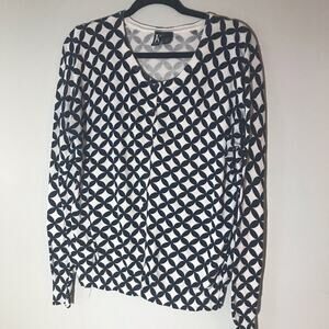 Kempson lg geometric scoop neck button up cardigan navy white rayon mix office